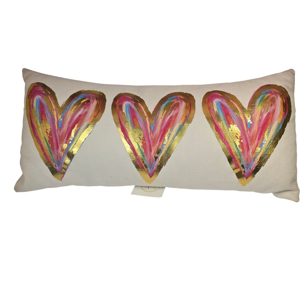 Rachel Brooks Design Colorful Painted Gold Foil Hearts Lumbar Pillow Cream 22in